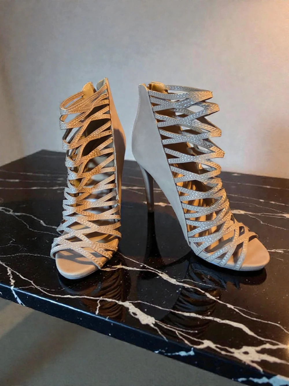 Beige Strappy Cage Stiletto Heels